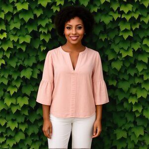 ANN TAYLOR | Pink & White Seersucker Bell Sleeve Tunic Top | (Size Large)